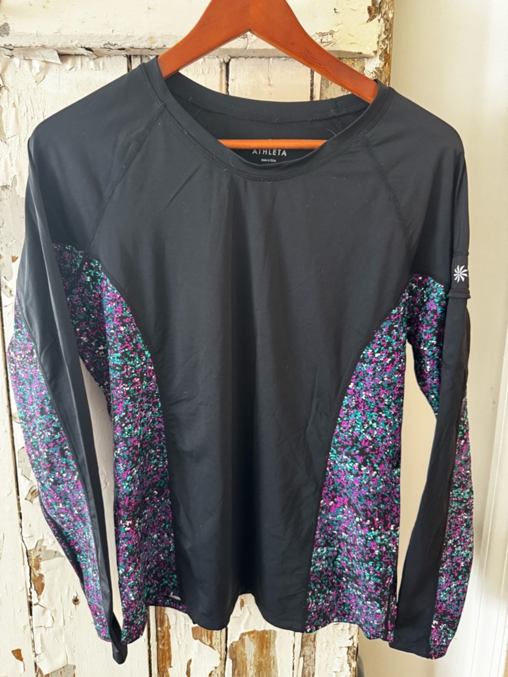 Athleta Black Long Sleeve Rash Guard with Purple Teal Floral Panels